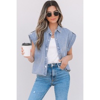 Dusk Blue Denim Pinup Folded Cap Sleeve Shirt - L thumbnail