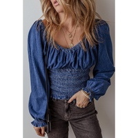 Dark Blue Smocked Ruffled Puff Sleeve V Neck Denim Blouse - L thumbnail