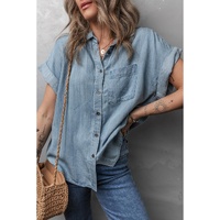 Dusk Blue Folded Short Sleeve Patched Pocket Denim Shirt - L thumbnail