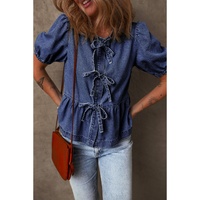 Sail Blue Tied Front Bubble Sleeve Peplum Denim Shirt - S thumbnail