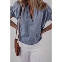 Dusk Blue V Neck Ruffled Short Puff Sleeve Denim Top - S thumbnail