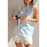 Beau Blue Mineral Wash Cap Sleeve Frilled Button Up Denim Shirt - L thumbnail