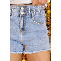 Beau Blue Rhinestone Light Wash Raw Hem High Waist Denim Shorts - 6 US thumbnail