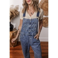 Sail Blue Denim Bib Straight Leg Jumpsuit with Pockets - S thumbnail