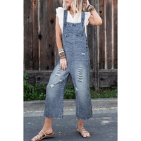 Azura Exchange Stone Blue Distressed Bib Pocket Wide Leg Denim Overall - S thumbnail