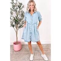 Beau Blue Mineral Wash Ruffled Short Sleeve Buttoned Denim Dress - XL thumbnail