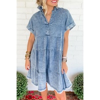 Sky Blue Acid Wash V Neck Tiered Denim Dress - M thumbnail