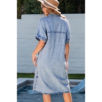Light Blue Loose Medium Wash Short Sleeve Shirt Chambray Dress - S thumbnail