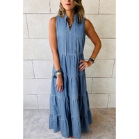 Blue Sleeveless Tiered Chambray Maxi Dress - M thumbnail