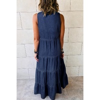 Real Teal Sleeveless Tiered Chambray Maxi Dress - S thumbnail