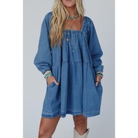 Dusk Blue Square Neck Side Pockets Loose Fit Denim Mini Dress - L thumbnail