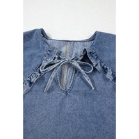Dusk Blue Ruffled Collared Side Pockets Puff Sleeve Denim Mini Dress - M thumbnail