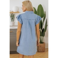 Beau Blue Flutter Sleeve Shirred Detail Button Up Denim Mini Dress - XL thumbnail