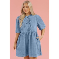 Dusk Blue Bowknot Bubble Sleeve Short Denim Dress - M thumbnail