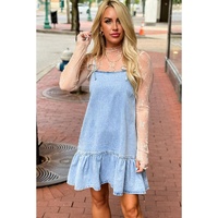 Beau Blue Bow Detail Spaghetti Straps Ruffle Hem Denim Short Dress - XL thumbnail