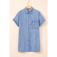 Dusk Blue Short Sleeve Pocketed Button up Denim Tunic Dress - S thumbnail