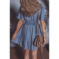 Ashleigh Blue Ruffled V Neck Smocked High Waist Denim Mini Dress - L thumbnail