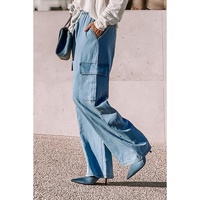 Sky Blue Drawstring High Waist Cargo Pocket Wide Leg Jeans - L thumbnail