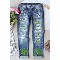 Sky Blue St. Patricks Clover Patchwork Sequin Distressed Jeans - 8 US thumbnail