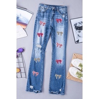 Blue Sequin Bowknot Print Distressed Flared Jeans - 16 US thumbnail