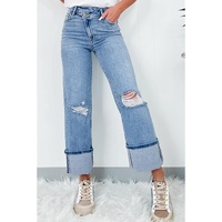 Dusk Blue High Rise Asymmetric Button Zip Fly Ripped Jeans - 12 US thumbnail