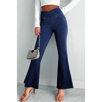Dusk Blue Solid Crossed Waist High Elastic Fit Flare Knit Jeans - L thumbnail