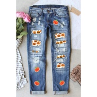 Sky Blue Ripped Pumpkin Patchwork Halloween Straight Jeans - 8 US thumbnail