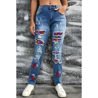 Sky Blue Sequin Pumpkin Patched Distressed Straight Leg Jeans - 18 US thumbnail