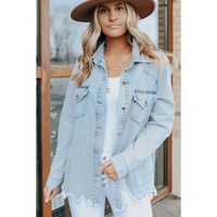 Sky Blue Flap Pocket Buttoned Raw Hem Denim Jacket - L thumbnail
