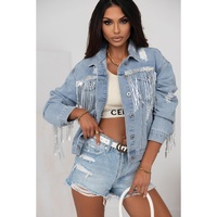Sky Blue Sequin Embellished Fringe Distressed Denim Jacket - L thumbnail