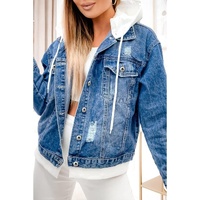 Sky Blue Distressed Contrast Hooded Denim Jacket with Pockets - S thumbnail