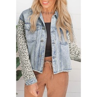 Sky Blue Leopard Patchwork Washed Distressed Denim Jacket - S thumbnail