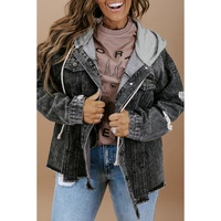 Black Drawstring Hooded Frayed Denim Jacket - L thumbnail