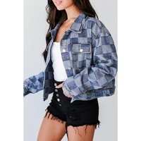 Light Blue Checkered Patchwork Button up Denim Jacket - L thumbnail