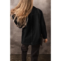 Black Side Pockets Lapel Collar Denim Jacket - L thumbnail