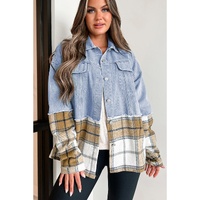 Khaki Plaid Patchwork Buttoned Oversized Denim Jacket - S thumbnail