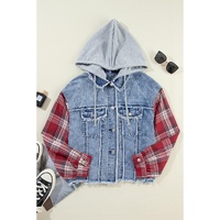 Beau Blue Plaid Print Patchwork Hooded Raw Hem Denim Jacket - L thumbnail