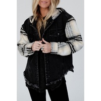 Black Plaid Sleeve Frayed Hem Hooded Denim Jacket - S thumbnail
