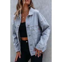 Sky Blue Stripe Washed Oversize Pocketed Denim Jacket - L thumbnail
