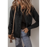 Black Flap Pocket Buttons Collared Jean Jacket - M thumbnail