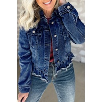 Navy Blue Ruffle Raw Hem Flap Pockets Denim Jacket - M thumbnail
