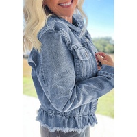 Beau Blue Ruffle Raw Hem Flap Pockets Denim Jacket - S thumbnail