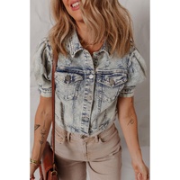 Beau Blue Light Wash Buttoned Chest Pocket Puff Sleeve Denim Jacket - M thumbnail