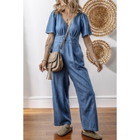 Ashleigh Blue V Neck Short Sleeve Smocked Back Denim Loose Jumpsuit - M thumbnail