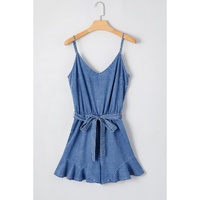 Ashleigh Blue Spaghetti Straps V Neck Belted Ruffled Leg Chambray Romper - S thumbnail