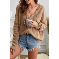 Khaki Zipper V-neck Dropped Sleeve Hooded Solid Sweater - L thumbnail