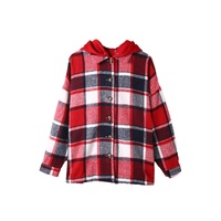Azura Exchange Red Hooded Plaid Button Front Shacket - L thumbnail