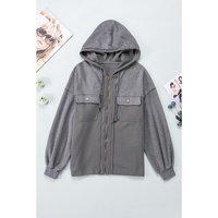 Gray Flap Pocket Drawstring Hood Zip Up Jacket - M thumbnail