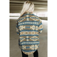 Azura Exchange Blue Western Aztec Print Button Flap Pocket Shacket - M thumbnail