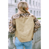 Khaki Aztec Print Patchwork Frayed Edge Corduroy Jacket - L thumbnail